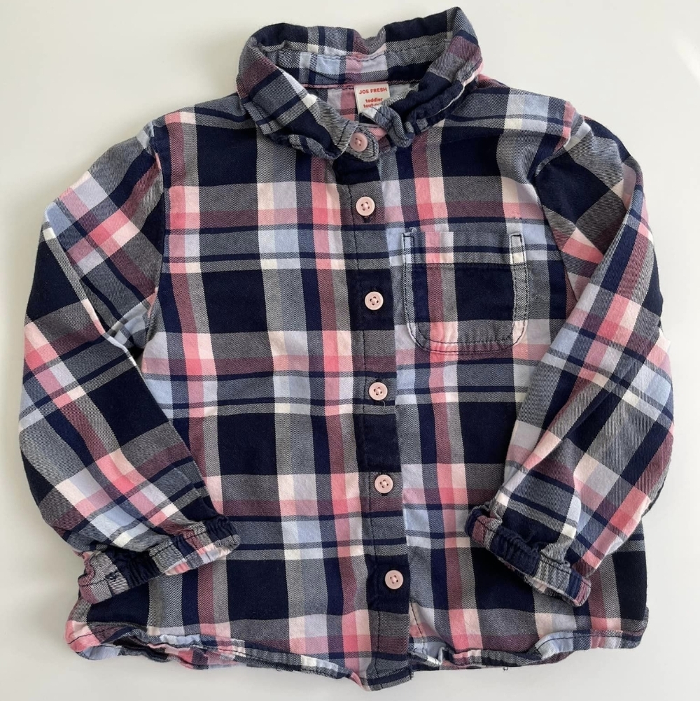 Joe Fresh Navy and Pink Plaid Button Down Shirt
